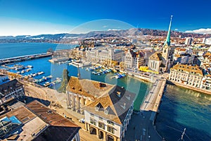 View of historic Zurich city center with famous Fraumunster Church, Limmat river and Zurich lake from photo