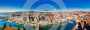 View of historic Zurich city center with famous Fraumunster Chur