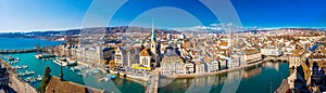 View of historic Zurich city center with famous Fraumunster Church, Limmat river and Zurich lake from