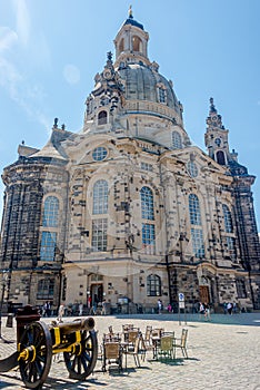 View of historical center, Church of our Lady and Neumarkt square in downtown of Dresden in summer with blue sky with a summer