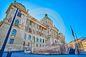 The view on historical main building of National Museum in neo-renaissance style, Prague, Czech Republic