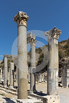 View of historical ruins at famous ancient Greek city called `Ephesus`