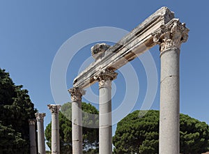 View of historical ruins at famous ancient Greek city called `Ephesus`