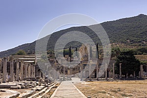 View of historical ruins at famous ancient Greek city called `Ephesus` on the coast of Ionia