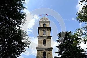 View of historical tophane Clock Tower in Bursa, Turkey