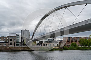 View of the Hoge Brug pedestrian bridge over the river Maas in Maastricht