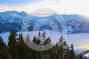 View of the Hohe Tauern mountain range in the region Zell am See-Kaprun, in winter. Austria.