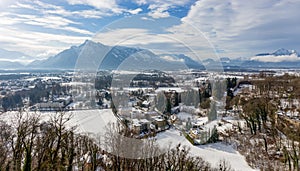 View from Hohensalzburg Castle towards the Austrian side of the Untersberg in the winter, Salzburg, Austria