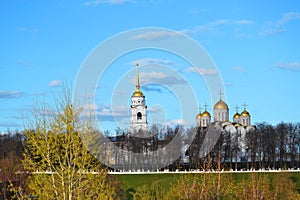 View of the Holy Dormition Cathedral in Vladimir under the blue sky