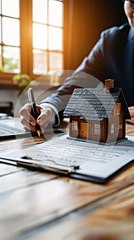 view Home transaction Broker presents insurance form, aiding customer in agreement signing