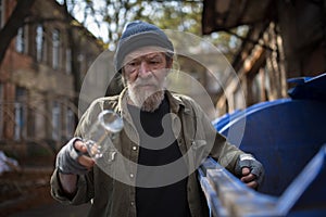 View of homeless man holding empty bottle in hand.