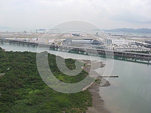 View of Hong Kong airport from Ngong Ping cableway, Tung Chung, Lantau island, Hong Kong