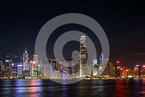 View of Hong Kong Island`s skyline at night