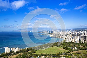 View of Honolulu skyline from Diamond Head lookout, Waikiki beach landscape background