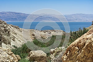 View of the horizon, with the Dead Sea, the mountains through a high point in the mountains of National park Ein-Gedi Israel