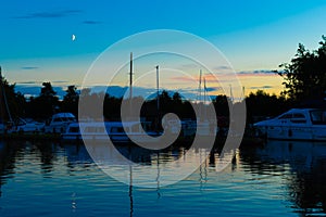 View of Horning sailing club, just before sunset, Norfolk Broads