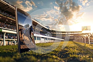 view of horse race through smartphone, juxtaposing digital experience with live action on track