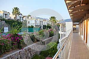 View of the hotel and buildings with typical Greek architecture.