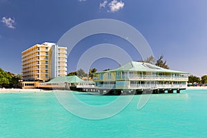 View of a hotel from a Catamaran in Carlisle Bay in Barbados