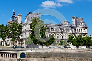 View of the Hotel de Ville City Hall in Paris, France. It serves multiple functions, housing the administration, the Mayor of