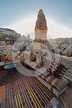 View of hotel patio in the evening in Goreme, Cappadocia, Turkey.