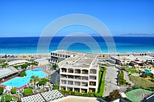 View on hotel resort and Aegean sea beach