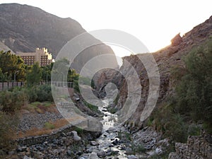 View of the hotel and the river at Hammamat Ma`In Hot Springs, Jordan