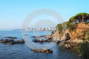 View of the hotel by the sea, rocky shore in Spain, rocky coast in Spain overlooking the hotel, Mediterranean coast in Spain, coas