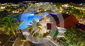 View on hotel and swimming pool at night