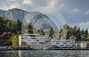 View of hotels and villas along Como lake, Cadenabbia, Italy