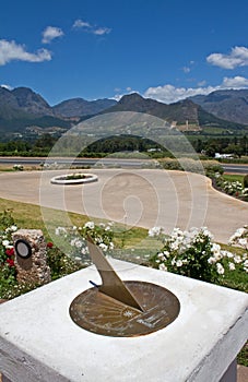 View of the Hottentots-Holland mountains and vineyards from a sundial in Franschhoek