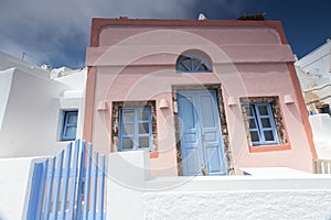 View of a House in Santorini island landscape of famous Fira village, Greece