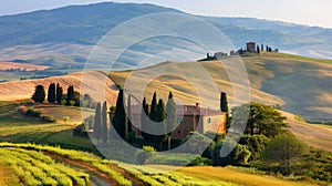 A view of a house on top of the hill with trees, AI