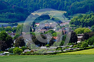 View on the houses and the agricultural fields in Bad Pyrmont, Germany