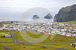 View of the houses and buildings on the Heimaey Island of the Vestmannaeyjar Archipelago. Iceland