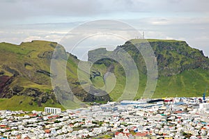 View of the houses and buildings on the Heimaey Island of the Vestmannaeyjar Archipelago. Iceland