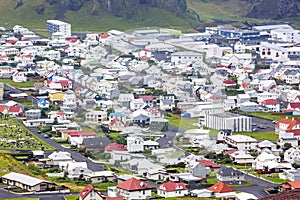 View of the houses and buildings on the Heimaey Island of the Vestmannaeyjar Archipelago. Iceland