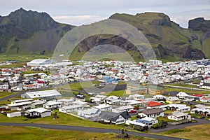 View of the houses and buildings on the Heimaey Island of the Vestmannaeyjar Archipelago. Iceland