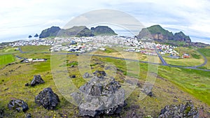 View of the houses and buildings on the Heimaey Island of the Vestmannaeyjar Archipelago. Iceland