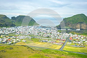 View of the houses and buildings on the Heimaey Island of the Vestmannaeyjar Archipelago. Iceland