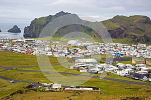 View of the houses and buildings on the Heimaey Island of the Vestmannaeyjar Archipelago. Iceland