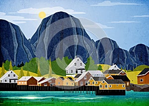 View of houses and mountains in Norway