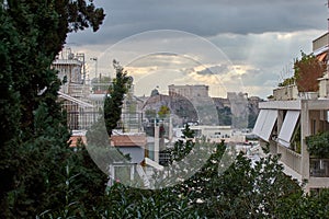 view between the houses of the Parthenon, the Acropolis of Athens Greece