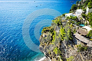 View of houses on rocky Amalfi Coast of Tyrrhenian Sea, Campania