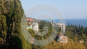 View of houses,sea and autumn trees photo