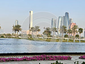 View of houses, skyscrapers, streets of Abu Dhabi in the UAE