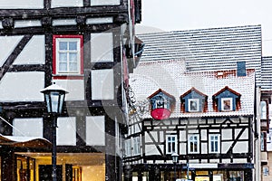 View of houses and street of Alsfeld city, Germany. Historic city in Hesse, Vogelsberg, with old medieval frame half photo