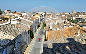 View of houses from the wall of Aigues Mortes village in France