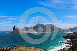 View of Hout Bay from Lookout Point on Chapman`s Peak in Cape Town, South Africa.