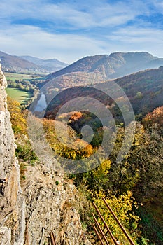 View from hrad Sasov castle ruins towards Hron river during autumn